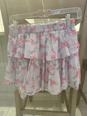 LoveShackFancy Pink Lavender Floral Tiered Mini Skirt